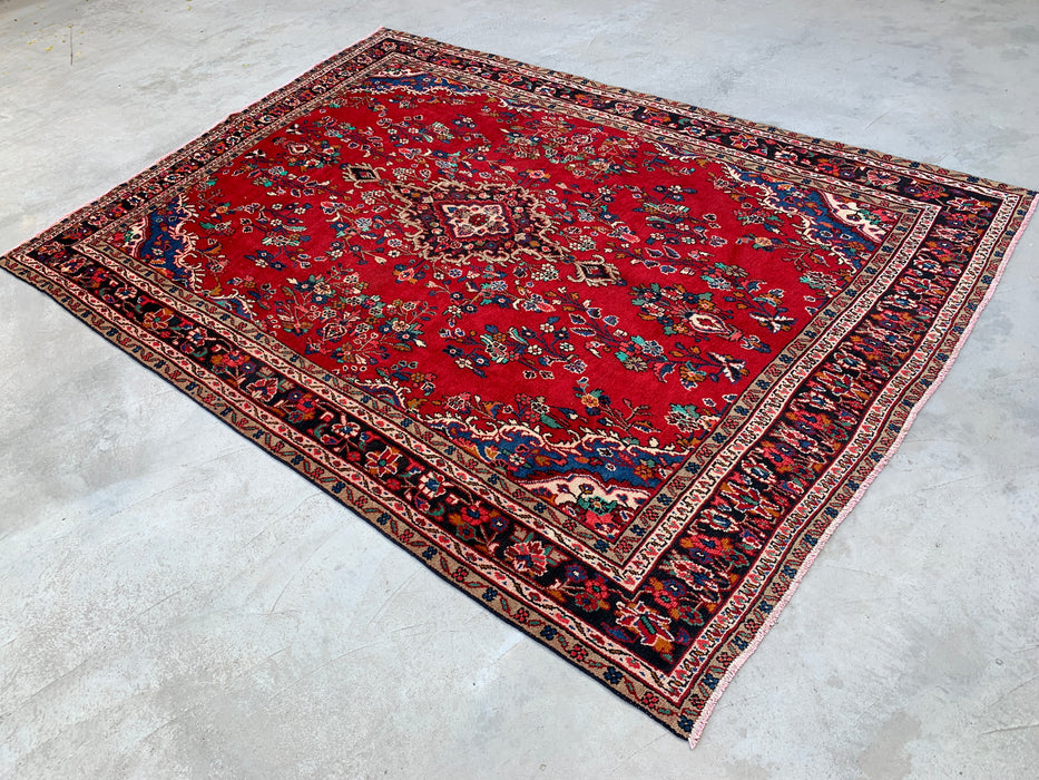 11'11" x 8'4" Hand-Knotted Persian Wool Rug – Red, Navy & Ivory Floral Medallion Design – KBHM-705