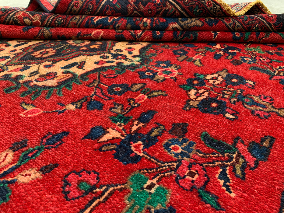 Handmade Persian Wool Area Rug 7x10 - Red, Navy & Ivory Floral Medallion Persian Style Rug - Exact Size 9'9" x 6'10" - KBHM-706