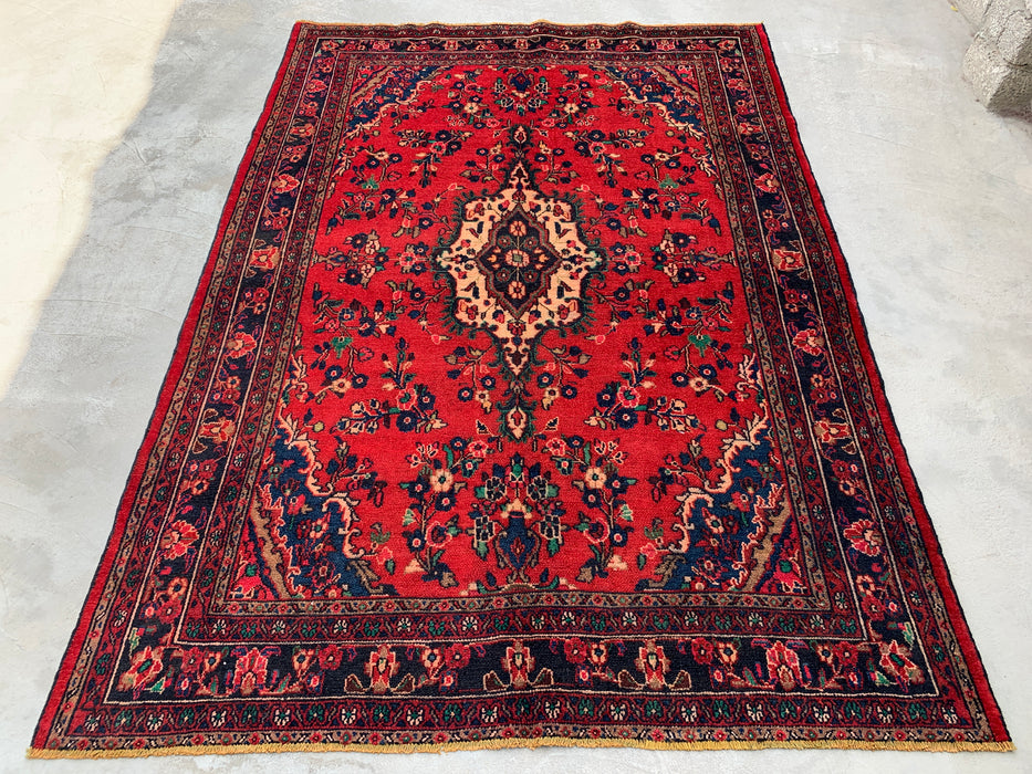 Handmade Persian Wool Area Rug 7x10 - Red, Navy & Ivory Floral Medallion Persian Style Rug - Exact Size 9'9" x 6'10" - KBHM-706