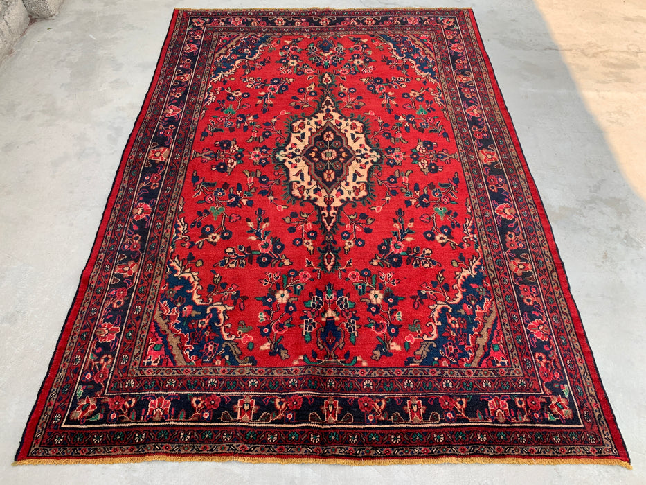 Handmade Persian Wool Area Rug 7x10 - Red, Navy & Ivory Floral Medallion Persian Style Rug - Exact Size 9'9" x 6'10" - KBHM-706