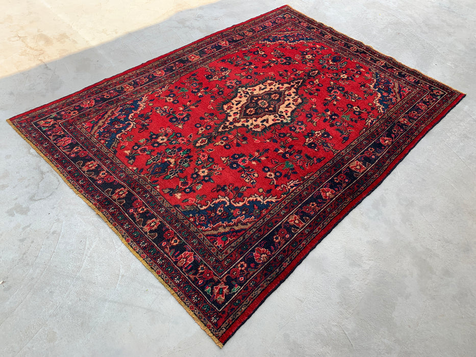 Handmade Persian Wool Area Rug 7x10 - Red, Navy & Ivory Floral Medallion Persian Style Rug - Exact Size 9'9" x 6'10" - KBHM-706