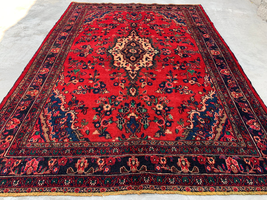 Handmade Persian Wool Area Rug 7x10 - Red, Navy & Ivory Floral Medallion Persian Style Rug - Exact Size 9'9" x 6'10" - KBHM-706