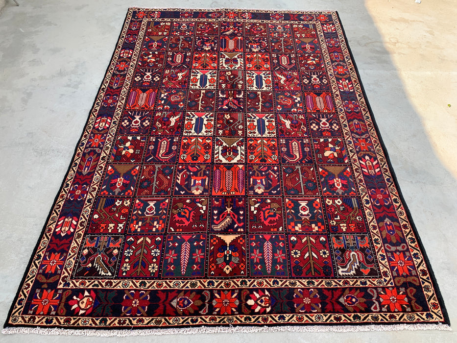 Handmade Persian Wool Area Rug 7x10 - Red, Navy & Ivory Tribal Panel Persian Style Rug - Exact Size 10'0" x 7'0" - KBHM-707