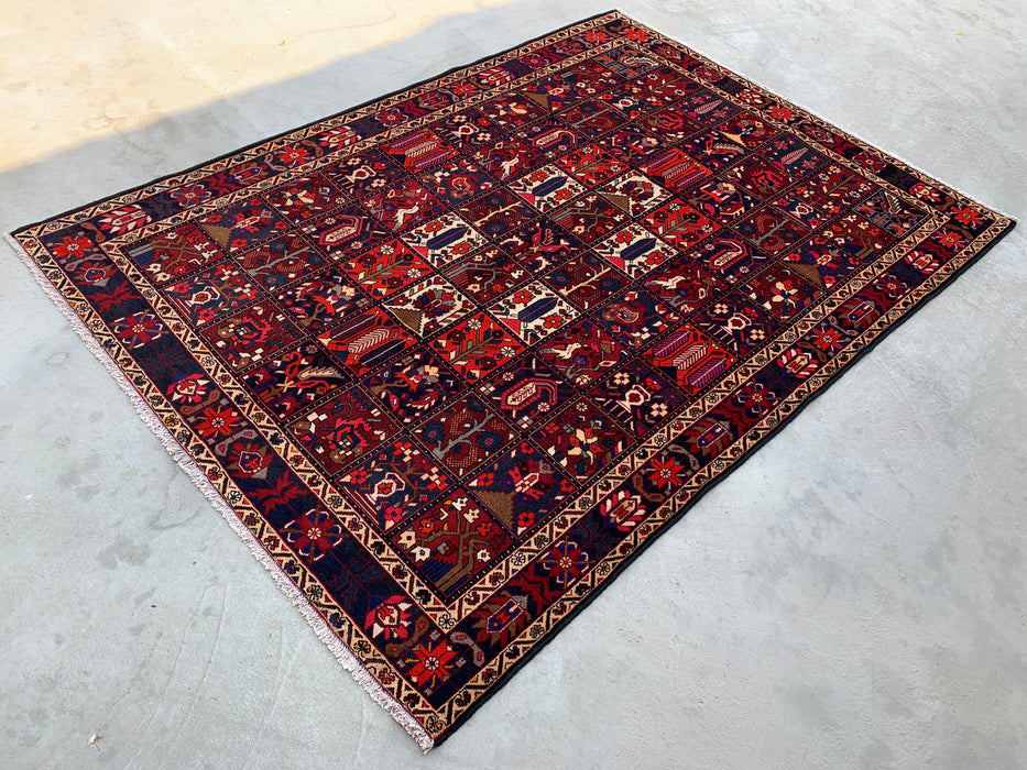 Handmade Persian Wool Area Rug 7x10 - Red, Navy & Ivory Tribal Panel Persian Style Rug - Exact Size 10'0" x 7'0" - KBHM-707