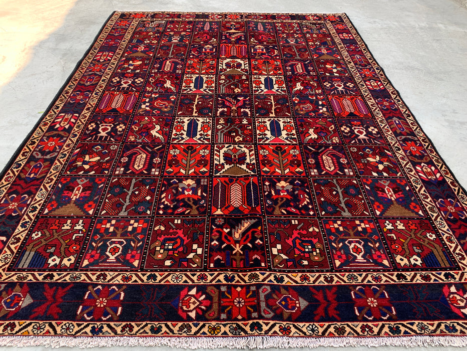 Handmade Persian Wool Area Rug 7x10 - Red, Navy & Ivory Tribal Panel Persian Style Rug - Exact Size 10'0" x 7'0" - KBHM-707