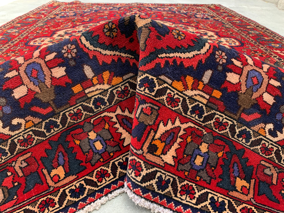 10'6" x 7'3" Hand-Knotted Persian Wool Rug – Red, Navy & Ivory Floral Medallion Design – KBHM-708