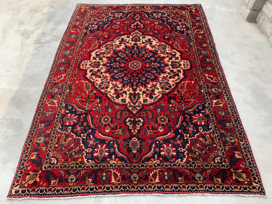 10'6" x 7'3" Hand-Knotted Persian Wool Rug – Red, Navy & Ivory Floral Medallion Design – KBHM-708