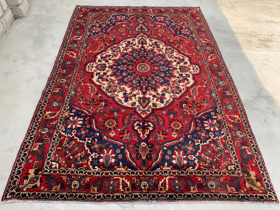 10'6" x 7'3" Hand-Knotted Persian Wool Rug – Red, Navy & Ivory Floral Medallion Design – KBHM-708