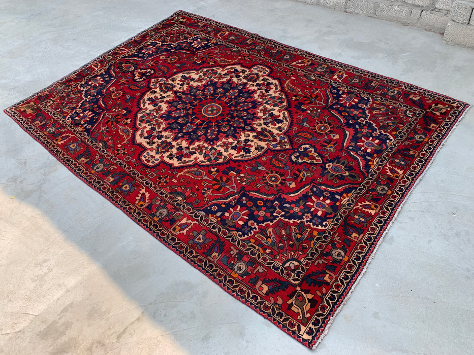 10'6" x 7'3" Hand-Knotted Persian Wool Rug – Red, Navy & Ivory Floral Medallion Design – KBHM-708