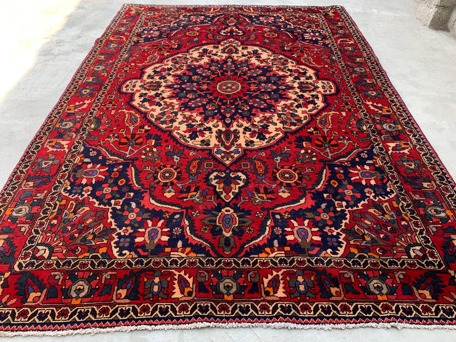 10'6" x 7'3" Hand-Knotted Persian Wool Rug – Red, Navy & Ivory Floral Medallion Design – KBHM-708