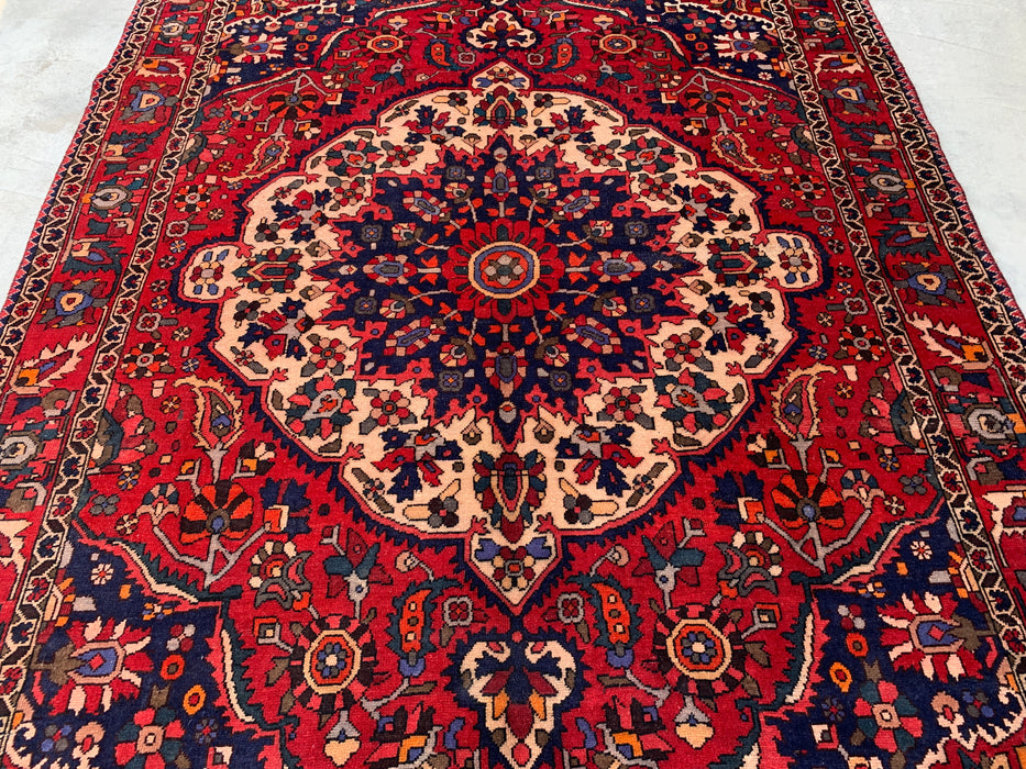10'6" x 7'3" Hand-Knotted Persian Wool Rug – Red, Navy & Ivory Floral Medallion Design – KBHM-708