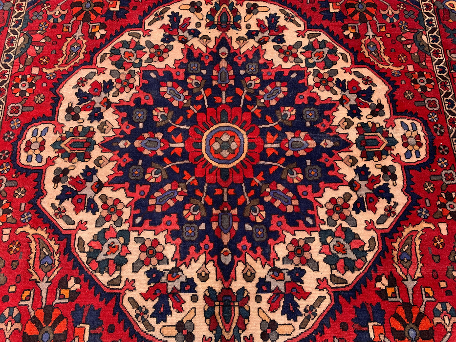 10'6" x 7'3" Hand-Knotted Persian Wool Rug – Red, Navy & Ivory Floral Medallion Design – KBHM-708