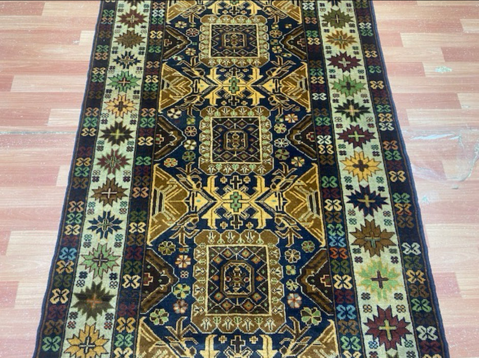 3’11” x 6’8” Hand-Knotted Caucasian Wool Runner – Deep Indigo & Earth Tones