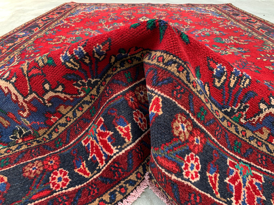 Handmade Persian Wool Area Rug 7x10 - Red, Navy & Ivory Floral Medallion Persian Style Rug - Exact Size 9'9" x 6'9" - KBHM-709