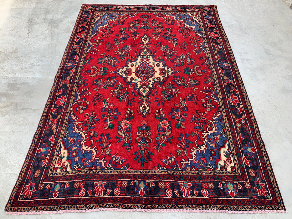 Handmade Persian Wool Area Rug 7x10 - Red, Navy & Ivory Floral Medallion Persian Style Rug - Exact Size 9'9" x 6'9" - KBHM-709