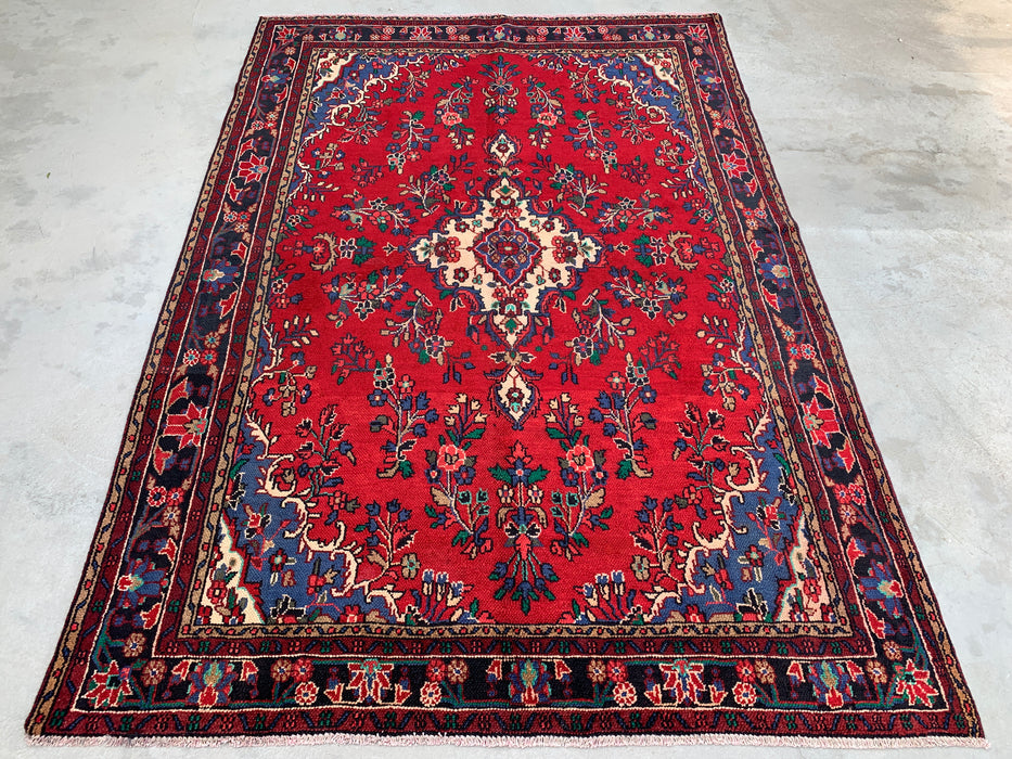 Handmade Persian Wool Area Rug 7x10 - Red, Navy & Ivory Floral Medallion Persian Style Rug - Exact Size 9'9" x 6'9" - KBHM-709