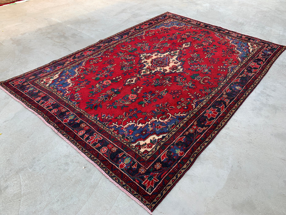 Handmade Persian Wool Area Rug 7x10 - Red, Navy & Ivory Floral Medallion Persian Style Rug - Exact Size 9'9" x 6'9" - KBHM-709