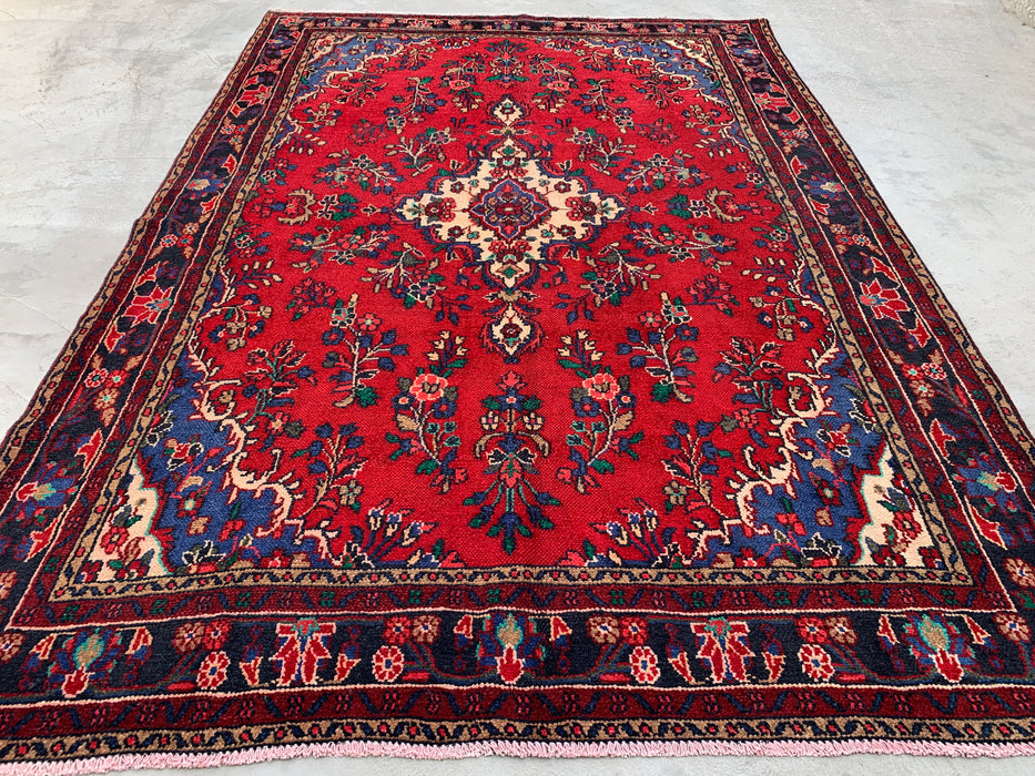 Handmade Persian Wool Area Rug 7x10 - Red, Navy & Ivory Floral Medallion Persian Style Rug - Exact Size 9'9" x 6'9" - KBHM-709