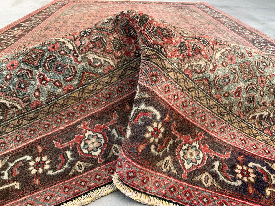 Handmade Persian Wool Area Rug 7x10 - Rose, Brown & Aqua Vintage Medallion Persian Style Rug - Exact Size 9'4" x 6'1" - KBHM-710