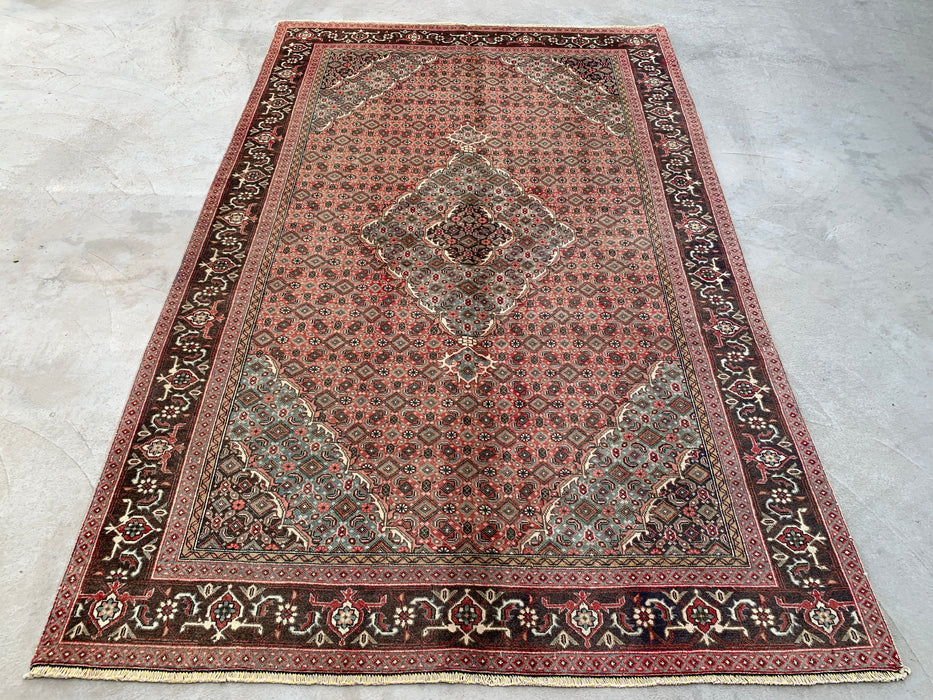 Handmade Persian Wool Area Rug 7x10 - Rose, Brown & Aqua Vintage Medallion Persian Style Rug - Exact Size 9'4" x 6'1" - KBHM-710