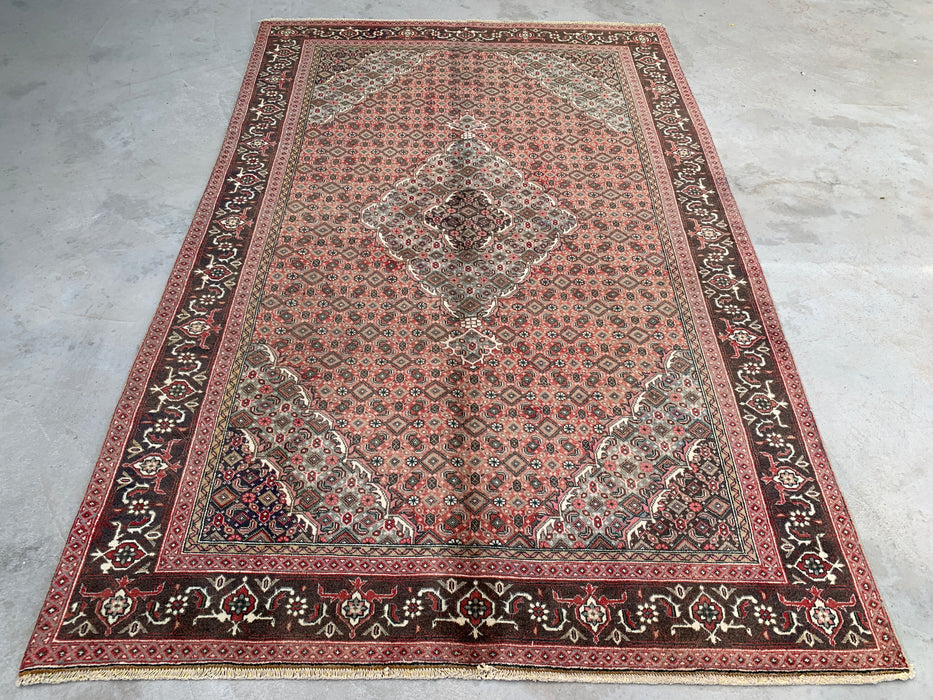Handmade Persian Wool Area Rug 7x10 - Rose, Brown & Aqua Vintage Medallion Persian Style Rug - Exact Size 9'4" x 6'1" - KBHM-710