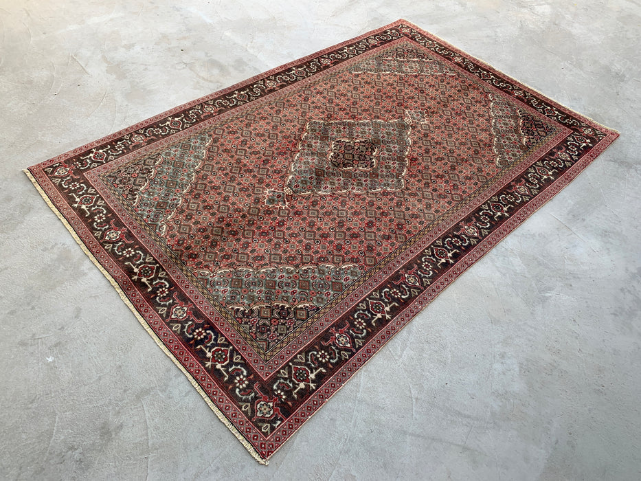 Handmade Persian Wool Area Rug 7x10 - Rose, Brown & Aqua Vintage Medallion Persian Style Rug - Exact Size 9'4" x 6'1" - KBHM-710