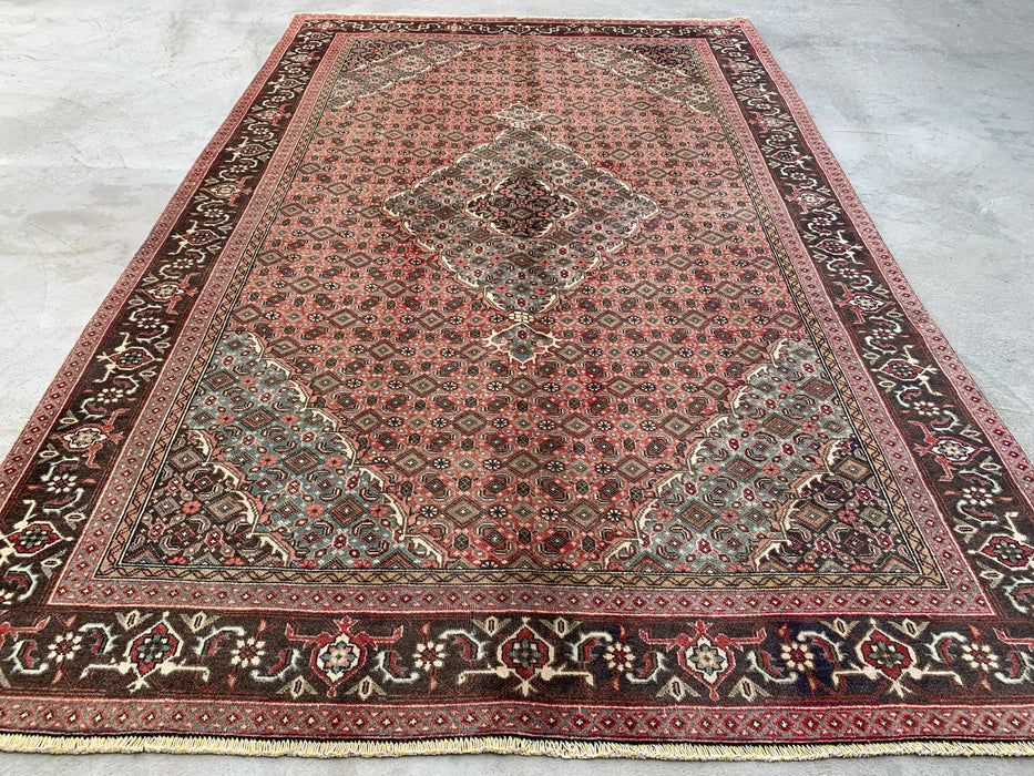 Handmade Persian Wool Area Rug 7x10 - Rose, Brown & Aqua Vintage Medallion Persian Style Rug - Exact Size 9'4" x 6'1" - KBHM-710