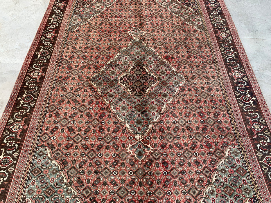 Handmade Persian Wool Area Rug 7x10 - Rose, Brown & Aqua Vintage Medallion Persian Style Rug - Exact Size 9'4" x 6'1" - KBHM-710