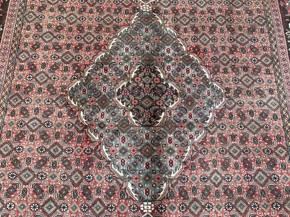 Handmade Persian Wool Area Rug 7x10 - Rose, Brown & Aqua Vintage Medallion Persian Style Rug - Exact Size 9'4" x 6'1" - KBHM-710