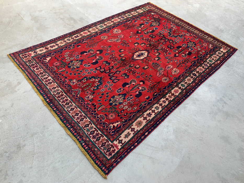 Handmade Persian Wool Area Rug 7x10 - Red, Navy & Ivory Tribal Field Persian Style Rug - Exact Size 10'1" x 6'9" - KBHM-712