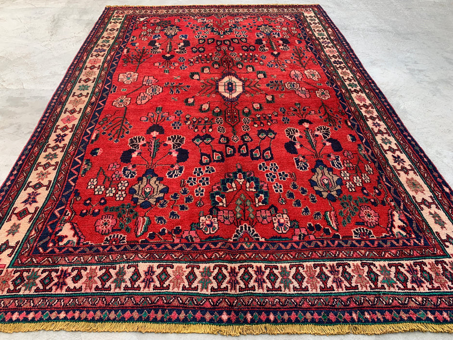 Handmade Persian Wool Area Rug 7x10 - Red, Navy & Ivory Tribal Field Persian Style Rug - Exact Size 10'1" x 6'9" - KBHM-712