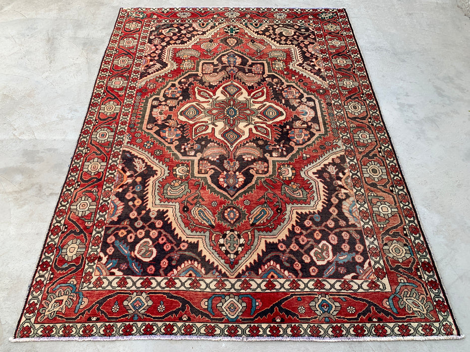Handmade Persian Wool Area Rug 7x10 - Red, Ivory & Navy Tribal Medallion Persian Style Rug - Exact Size 9'8" x 7'0" - KBHM-715