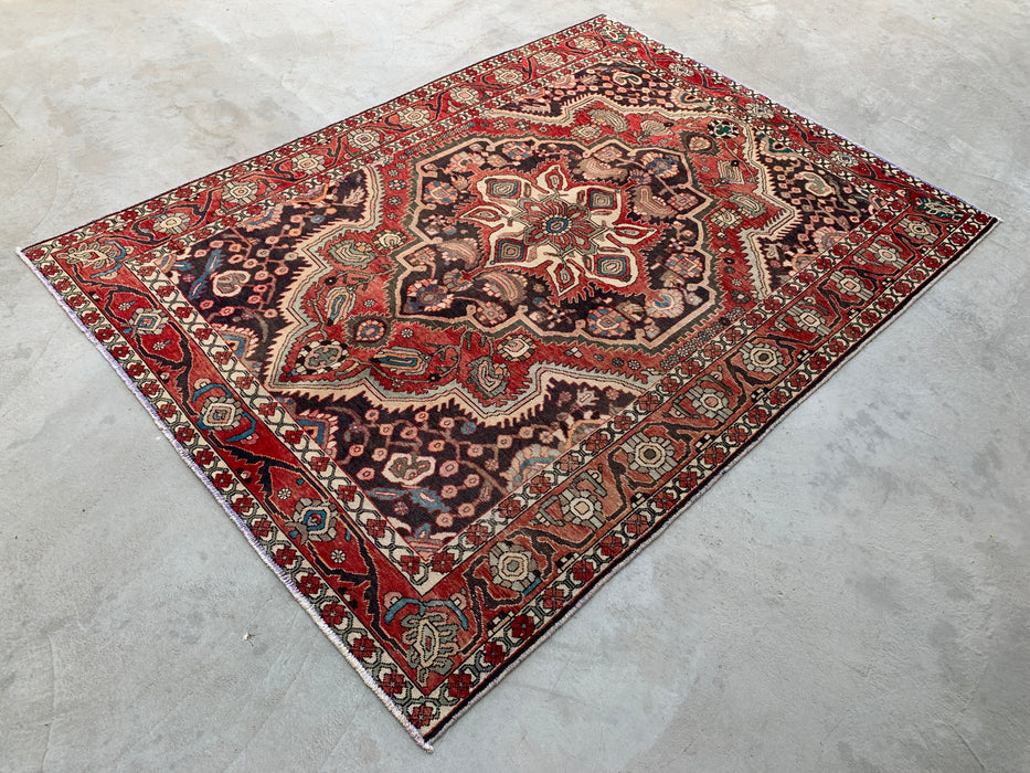 Handmade Persian Wool Area Rug 7x10 - Red, Ivory & Navy Tribal Medallion Persian Style Rug - Exact Size 9'8" x 7'0" - KBHM-715