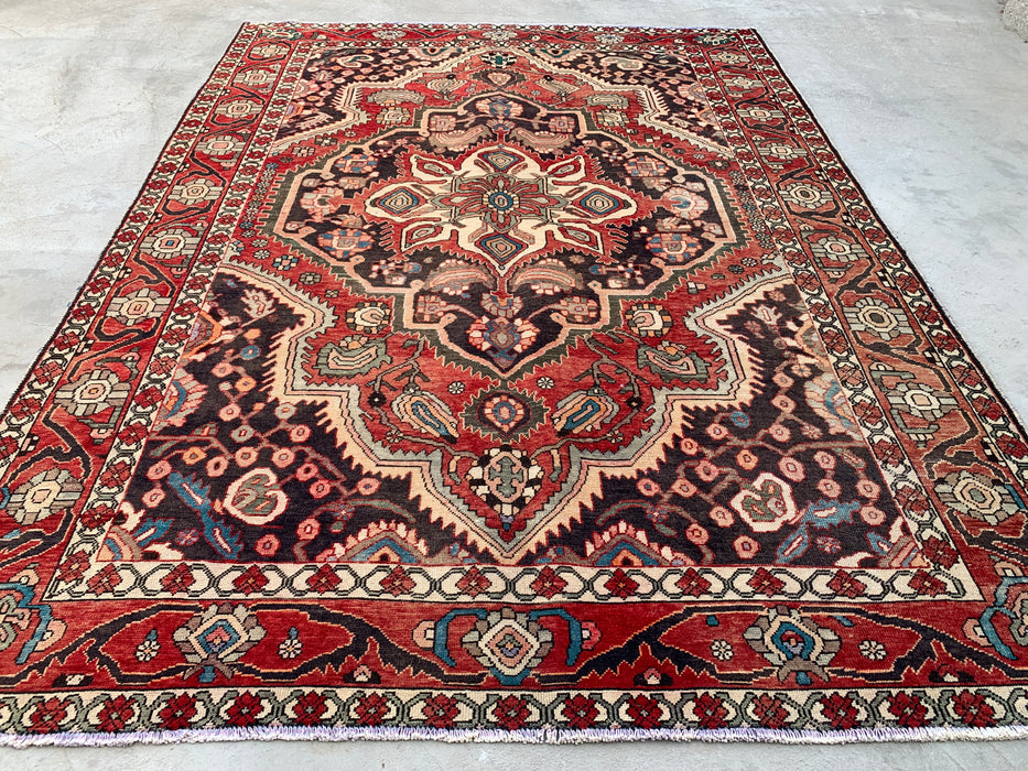 Handmade Persian Wool Area Rug 7x10 - Red, Ivory & Navy Tribal Medallion Persian Style Rug - Exact Size 9'8" x 7'0" - KBHM-715