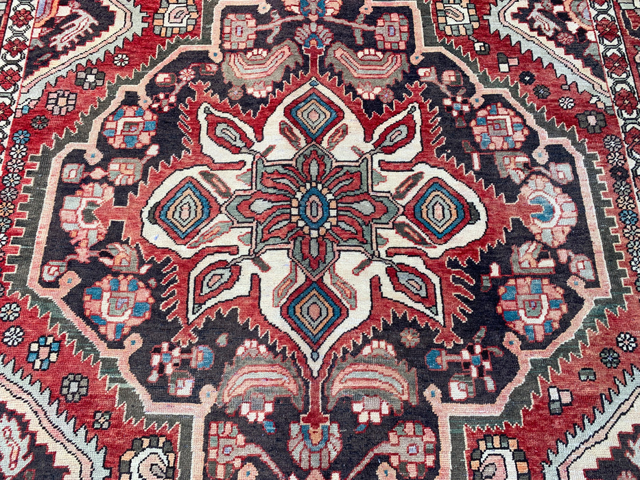 Handmade Persian Wool Area Rug 7x10 - Red, Ivory & Navy Tribal Medallion Persian Style Rug - Exact Size 9'8" x 7'0" - KBHM-715