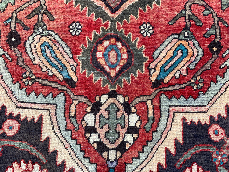 Handmade Persian Wool Area Rug 7x10 - Red, Ivory & Navy Tribal Medallion Persian Style Rug - Exact Size 9'8" x 7'0" - KBHM-715