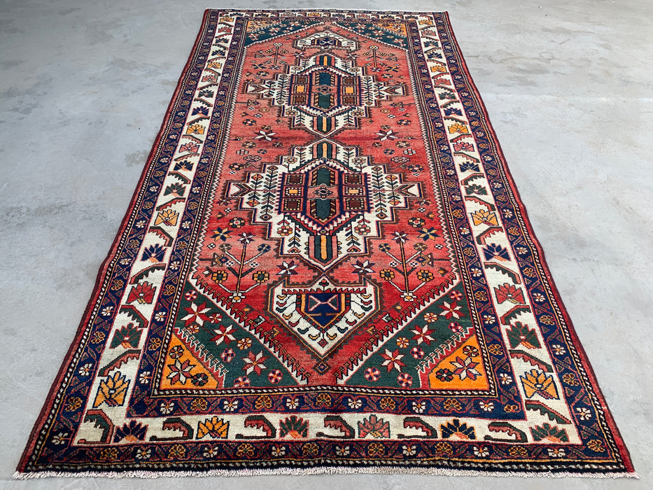 Handmade Persian Wool Area Rug 7x10 - Rose, Navy & Ivory Tribal Medallion Persian Style Rug - Exact Size 9'11" x 5'2" - KBHM-716