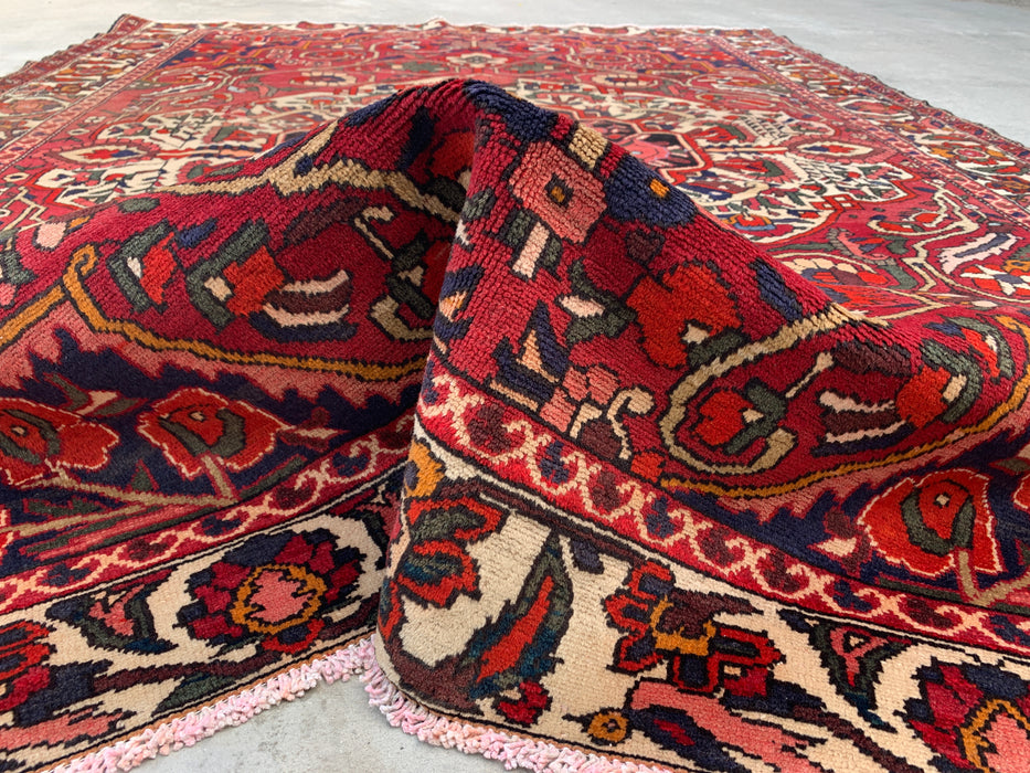 Handmade Persian Wool Area Rug 7x10 - Red, Ivory & Navy Floral Medallion Persian Style Rug - Exact Size 9'8" x 7'0" - KBHM-717