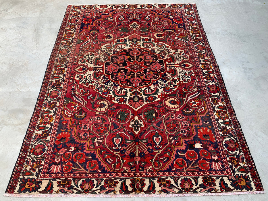 Handmade Persian Wool Area Rug 7x10 - Red, Ivory & Navy Floral Medallion Persian Style Rug - Exact Size 9'8" x 7'0" - KBHM-717