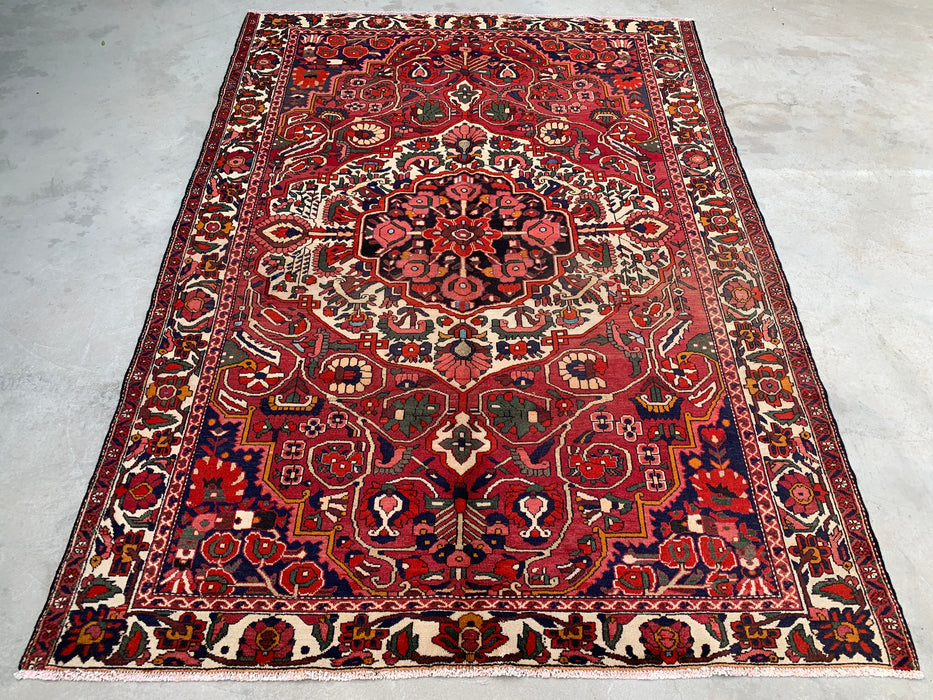 Handmade Persian Wool Area Rug 7x10 - Red, Ivory & Navy Floral Medallion Persian Style Rug - Exact Size 9'8" x 7'0" - KBHM-717