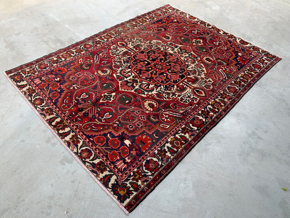 Handmade Persian Wool Area Rug 7x10 - Red, Ivory & Navy Floral Medallion Persian Style Rug - Exact Size 9'8" x 7'0" - KBHM-717