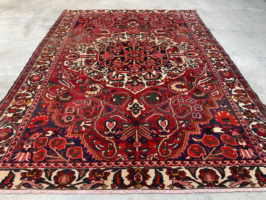 Handmade Persian Wool Area Rug 7x10 - Red, Ivory & Navy Floral Medallion Persian Style Rug - Exact Size 9'8" x 7'0" - KBHM-717