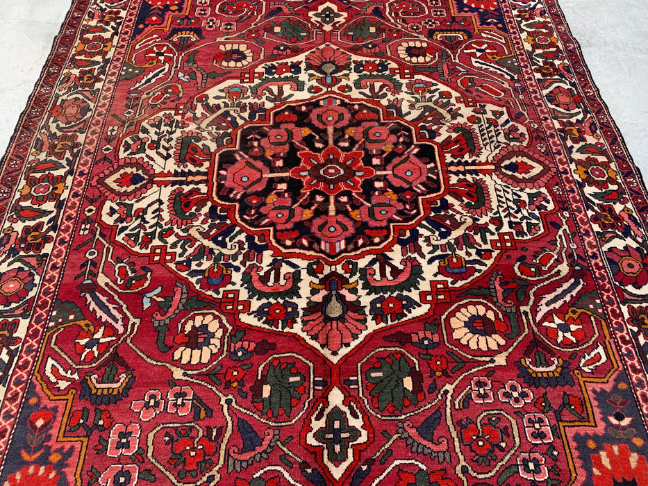 Handmade Persian Wool Area Rug 7x10 - Red, Ivory & Navy Floral Medallion Persian Style Rug - Exact Size 9'8" x 7'0" - KBHM-717