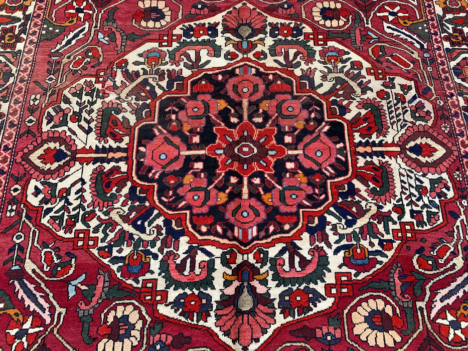 Handmade Persian Wool Area Rug 7x10 - Red, Ivory & Navy Floral Medallion Persian Style Rug - Exact Size 9'8" x 7'0" - KBHM-717