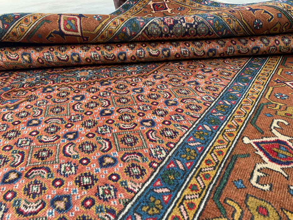 Handmade Persian Wool Area Rug 7x10 - Rose, Blue & Brown Vintage Medallion Persian Style Rug - Exact Size 9'2" x 6'3" - KBHM-718