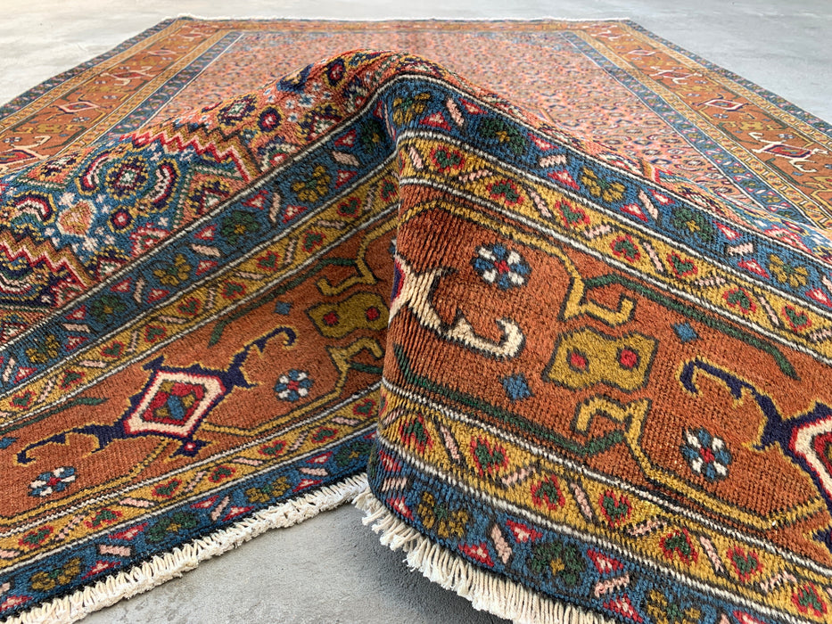 Handmade Persian Wool Area Rug 7x10 - Rose, Blue & Brown Vintage Medallion Persian Style Rug - Exact Size 9'2" x 6'3" - KBHM-718