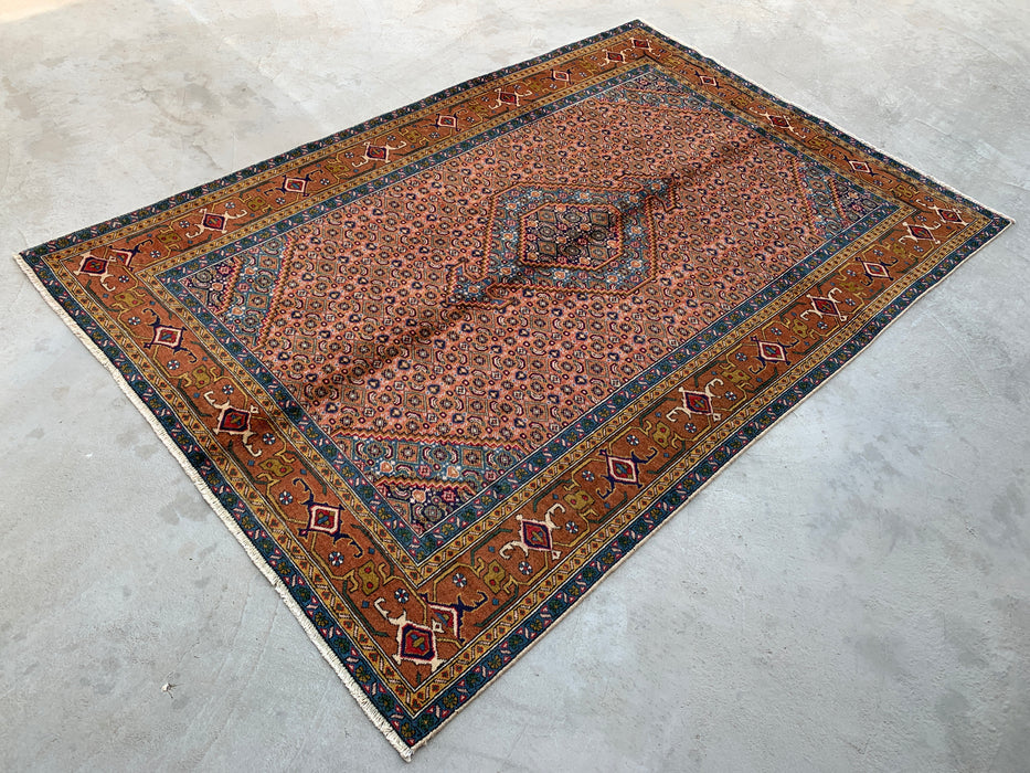 Handmade Persian Wool Area Rug 7x10 - Rose, Blue & Brown Vintage Medallion Persian Style Rug - Exact Size 9'2" x 6'3" - KBHM-718