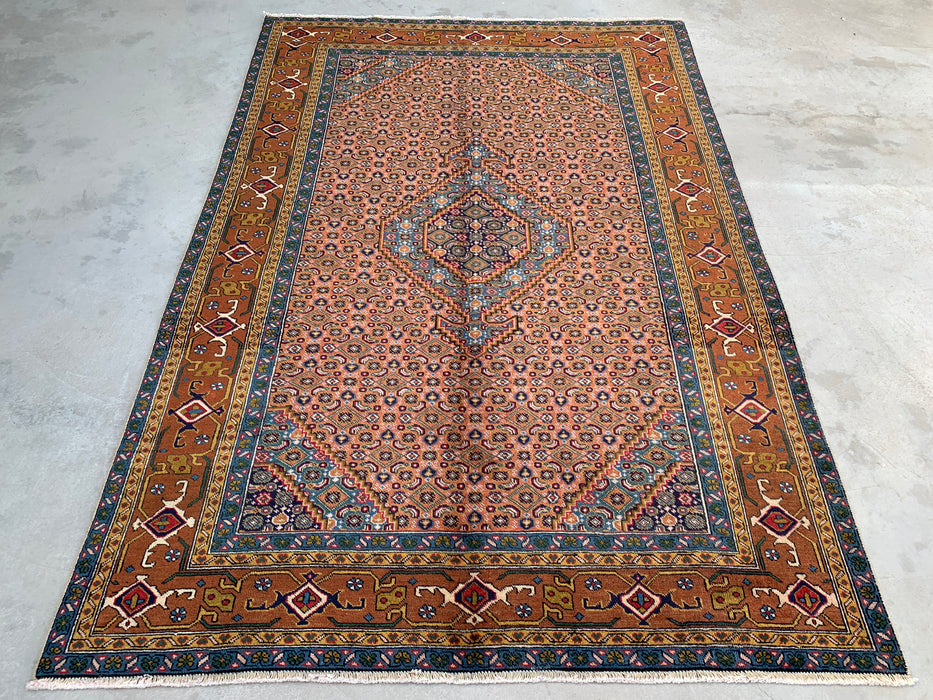 Handmade Persian Wool Area Rug 7x10 - Rose, Blue & Brown Vintage Medallion Persian Style Rug - Exact Size 9'2" x 6'3" - KBHM-718
