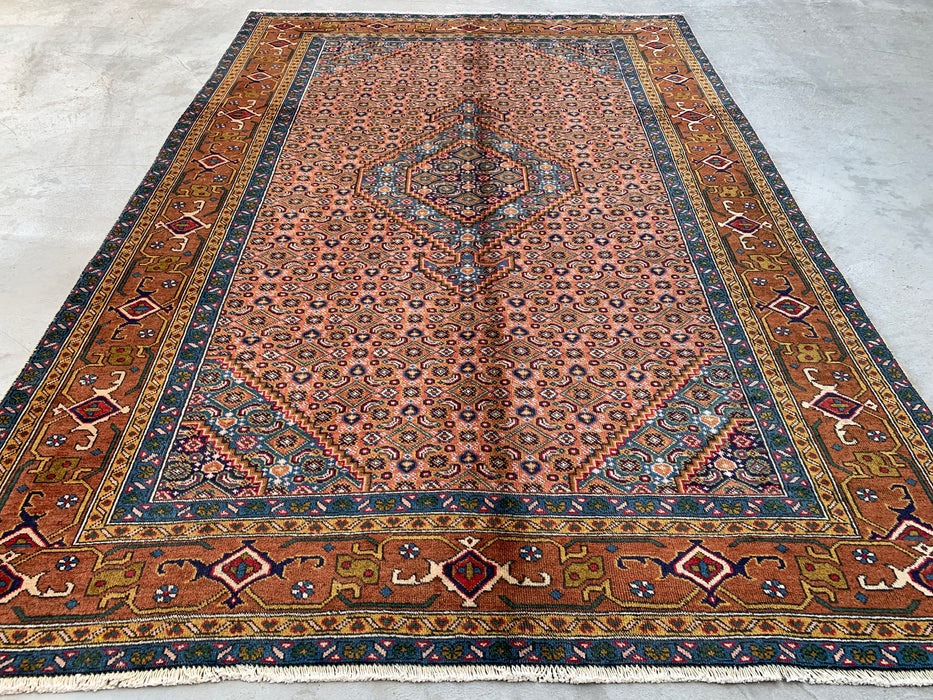 Handmade Persian Wool Area Rug 7x10 - Rose, Blue & Brown Vintage Medallion Persian Style Rug - Exact Size 9'2" x 6'3" - KBHM-718