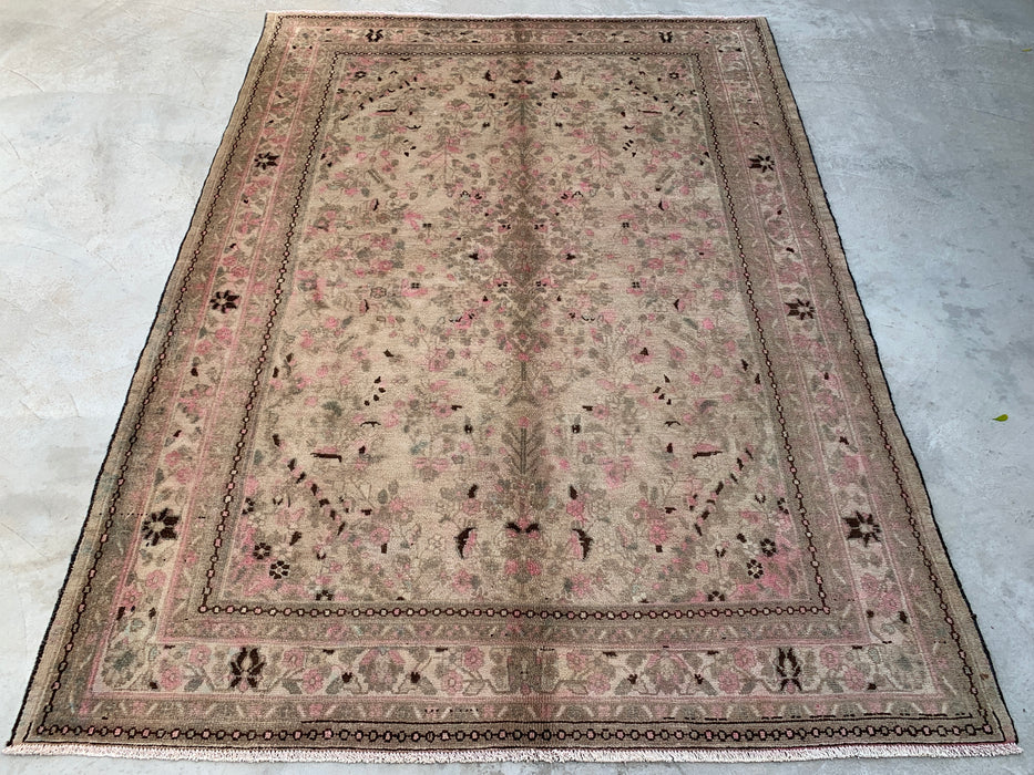 9'7" x 7'1" Hand-Knotted Persian Wool Rug – Beige, Taupe & Blush Vintage Floral Design – KBHM-719